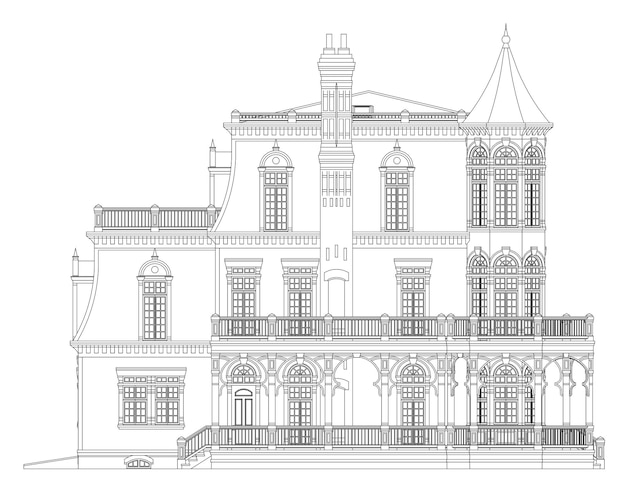 Casa antigua de estilo victoriano. Ilustración sobre fondo blanco. Ilustración en blanco y negro en líneas de contorno. Especies de diferentes lados.