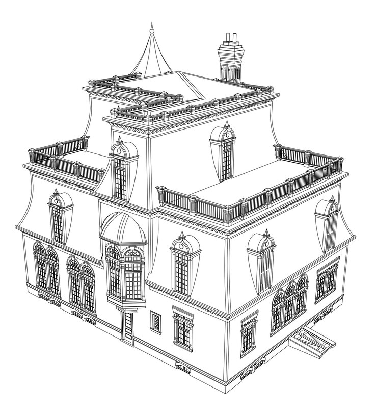 Casa antigua de estilo victoriano. Ilustración sobre fondo blanco. Ilustración en blanco y negro en líneas de contorno. Especies de diferentes lados.