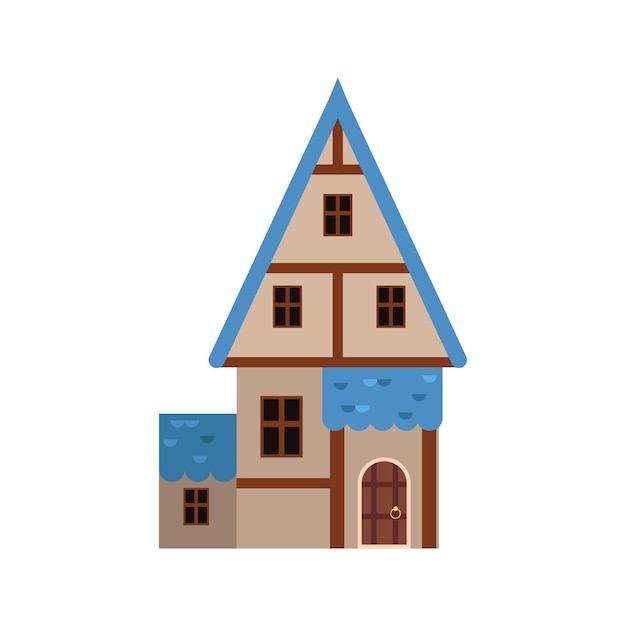 Casa antigua tradicional con estructura de madera y techo azul, vector de edificio de arquitectura antigua ilustración sobre un fondo blanco