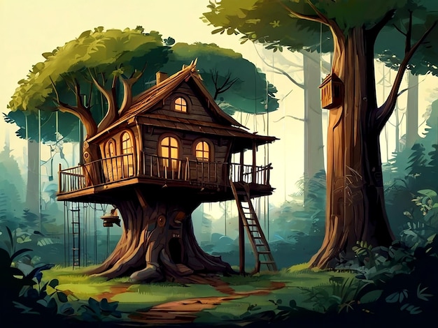 Una casa de árbol con una casa de árbol en la parte superior