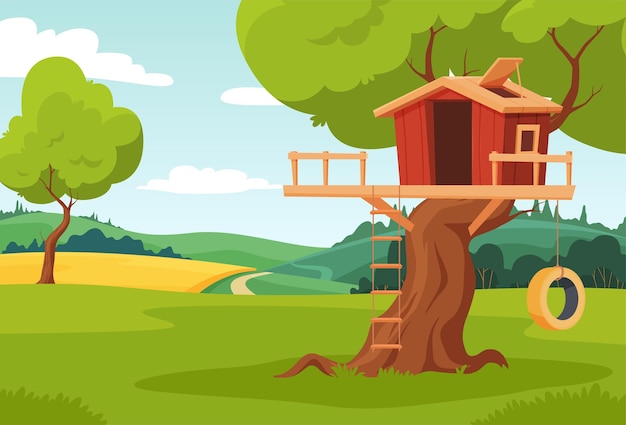 Casa del árbol La casa de los niños está construida sobre un árbol Juegos para niños en la naturaleza Ilustración vectorial