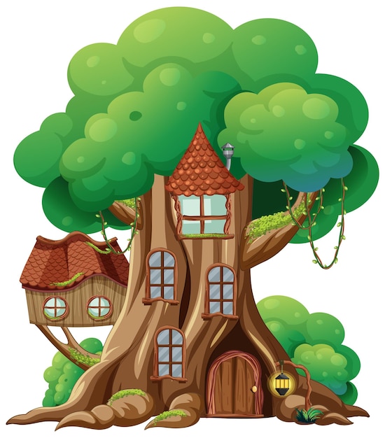 Casa del árbol de fantasía aislado sobre fondo blanco.