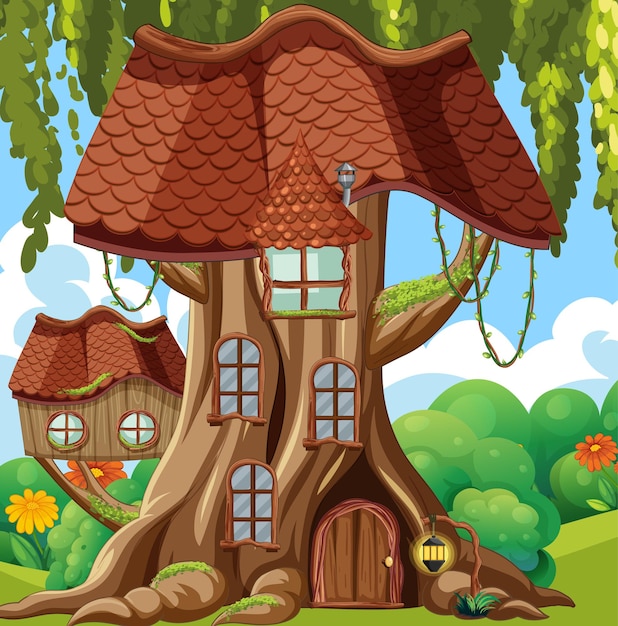 Casa del árbol de fantasía en el bosque