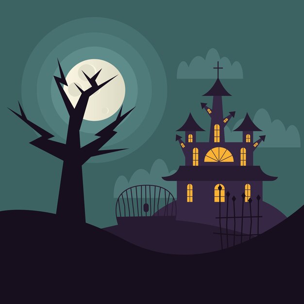 Casa y árbol de halloween en la noche, vacaciones e ilustración de miedo