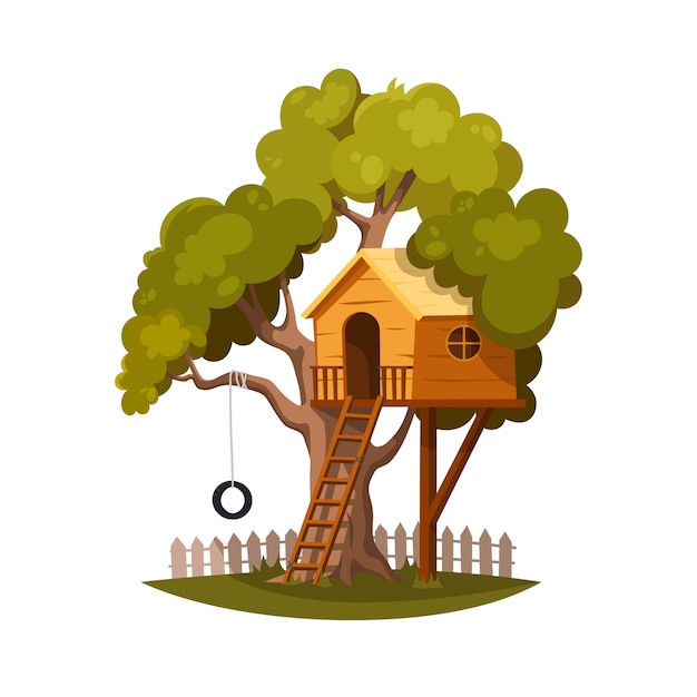 Vector casa del árbol para jugar y niños alegres.