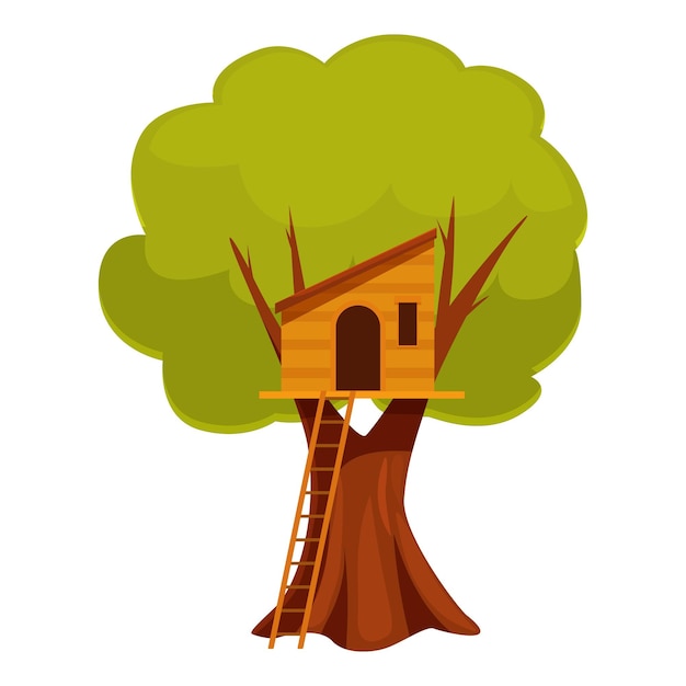 Casa de árbol de madera con escalera de pie en las ramas verdes de los árboles