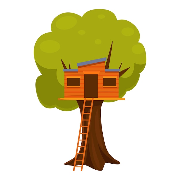 Casa de árbol de madera de pie en el tronco de un árbol verde con una escalera