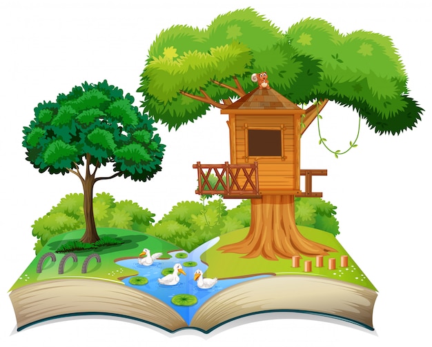 Casa del árbol de la naturaleza en libro abierto