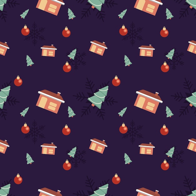 Casa árbol de Navidad bola decorativa y copo de nieve sin fisuras de fondo Mejor para vacaciones de invierno tela regalo scrapbooking tarjetas de felicitación proyectos de diseño