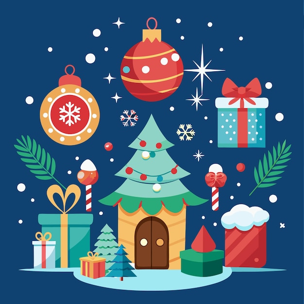 Casa del árbol de Navidad con regalos y adornos