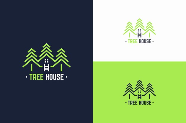 casa de árbol de pino abstracto con contorno de logotipo