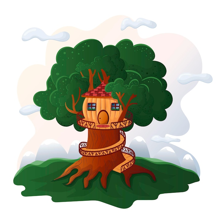 Vector casa de árbol de roble de madera con escalera de caracol tallada en estilo de dibujos animados