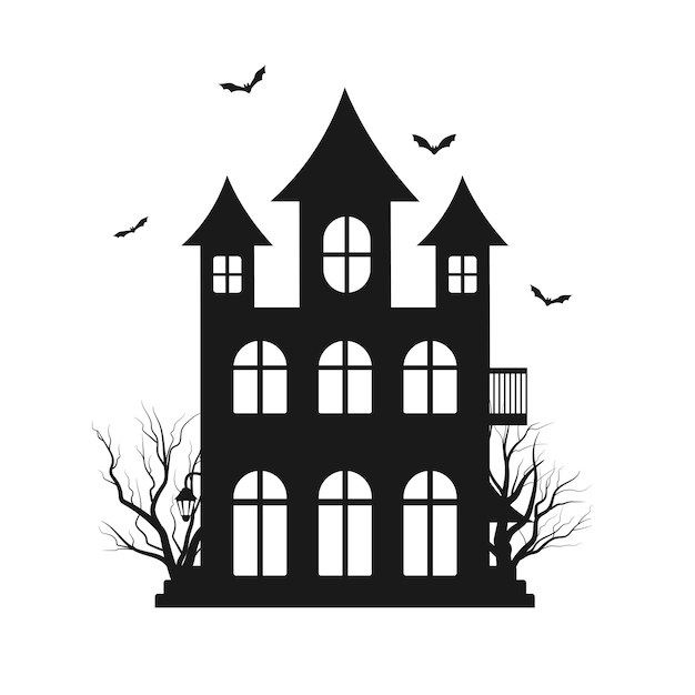 Casa aterradora con árboles y murciélagos silueta ilustración de halloween