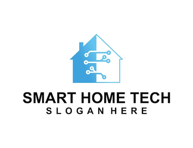 una casa azul con una casa azul en el frente y las palabras tecnología de hogar inteligente