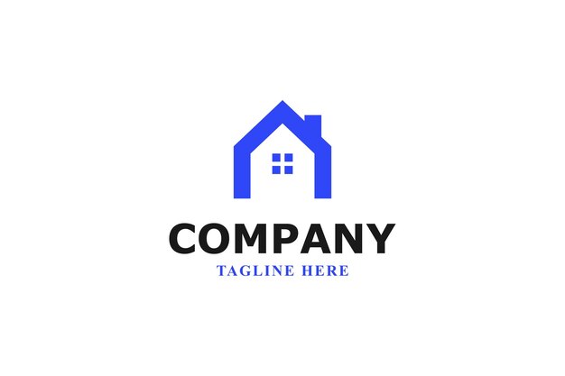 una casa azul con una chimenea con un logotipo minimalista