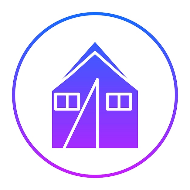 una casa azul con un círculo azul y un círculo blanco con una casa en el centro