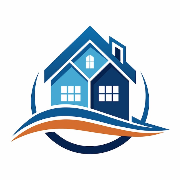 Una casa azul rodeada por una ola naranja que se destaca audazmente contra el diseño del logotipo del edificio de la casa de fondo