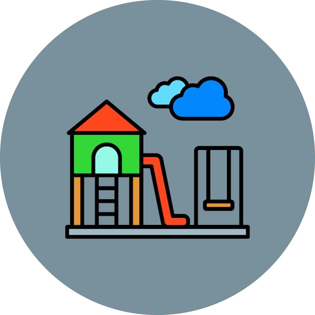 una casa azul y roja con una nube en ella