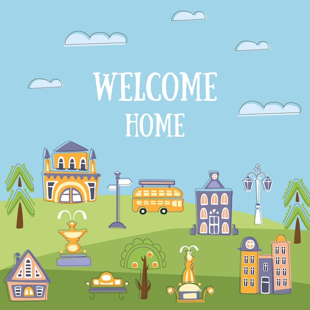 Casa Banner Plantilla de bienvenida Verano Paisaje urbano con hermosos edificios públicos dibujados a mano y tarjeta de invitación de la calle de la ciudad Cartel o volante Ilustración vectorial de diseño web
