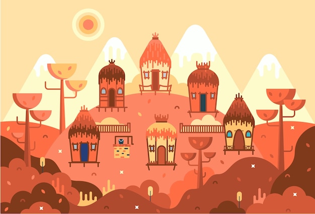 Casa de barro africano Ilustración de panorama de dibujos animados plana i
