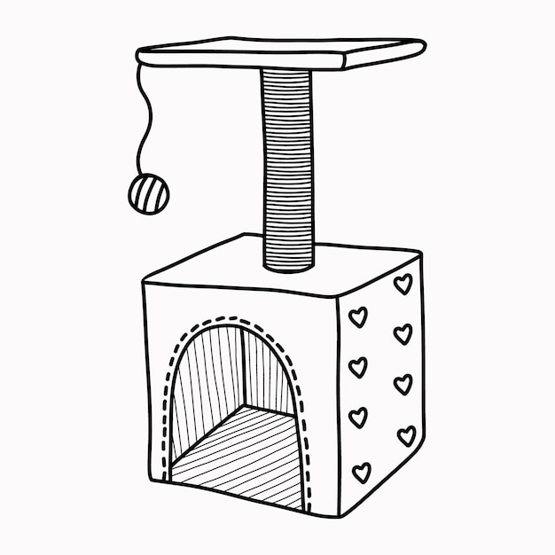 Casa blanda vectorial con un poste de rascado para animales en la barkitecture de estilo garabato sobre un fondo blanco