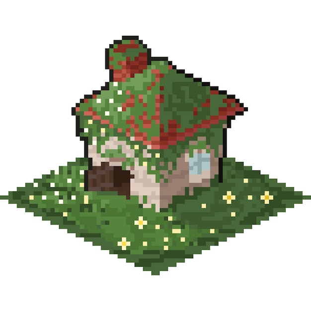 Casa de cabaña isométrica de pixel art en el campo verde