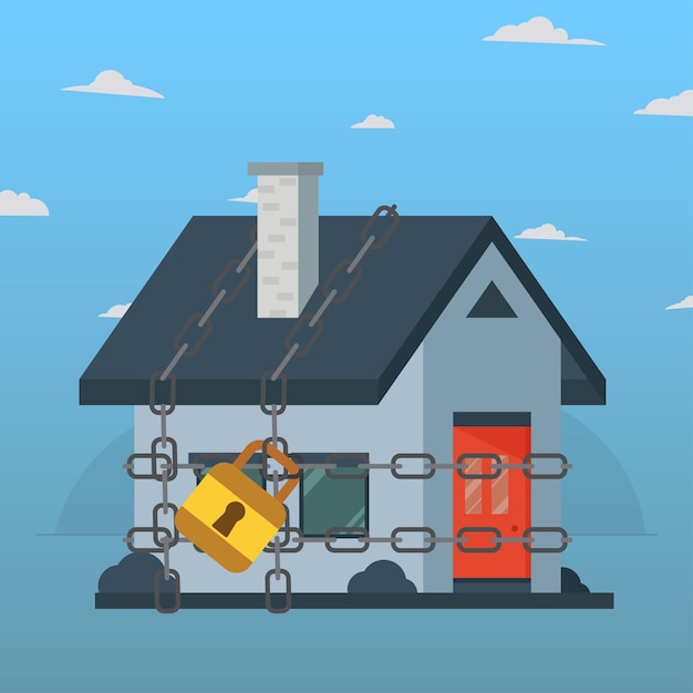 Casa en cadena con candado Ilustración de vector de diseño de concepto de casa de ejecución hipotecaria