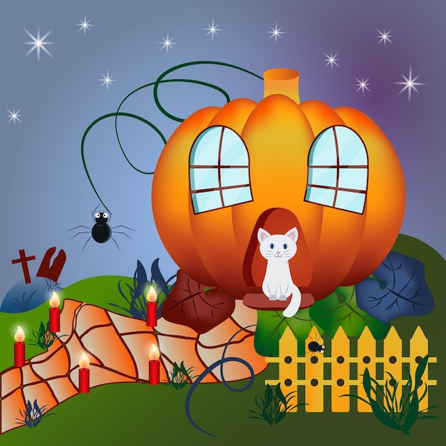 Vector casa de calabaza de halloween con gato