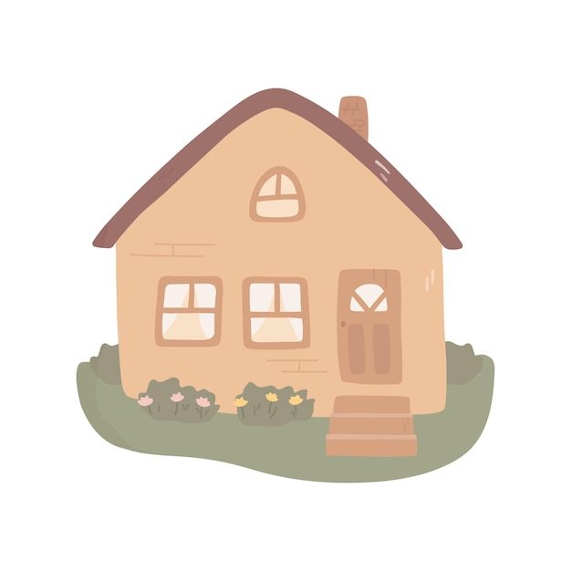Casa de campo con chimenea y jardín Casa de pueblo de madera linda en estilo de dibujos animados dibujados a mano