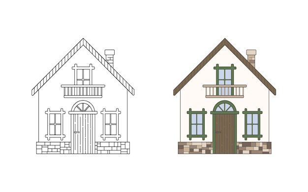 Casa de campo contorno e imágenes multicolores en estilo boceto ilustración vectorial