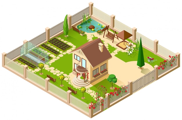 Vector casa de campo privada y jardín. ilustración isométrica 3d