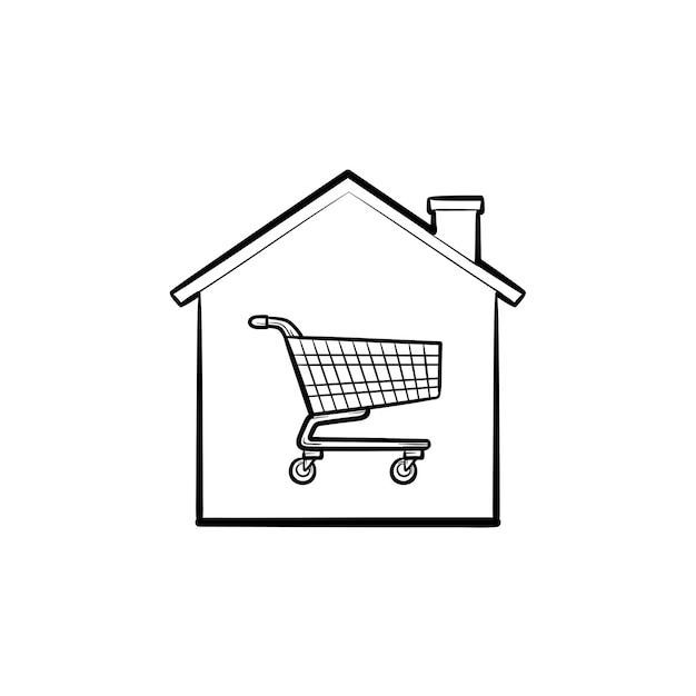 Casa con carro de compras dentro de contorno dibujado a mano doodle icono. Compra de propiedad, comercio electrónico, concepto de propiedad.