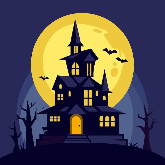 una casa cazada y un entorno oscuro con una gran luna en el cielo