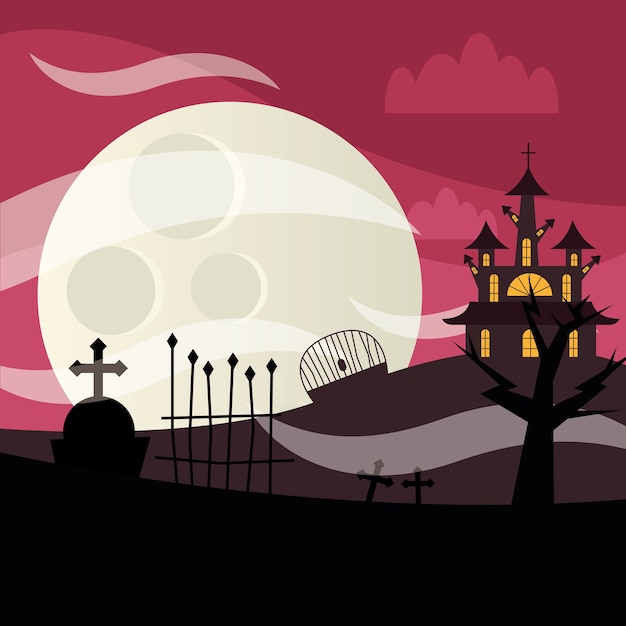 Vector casa y cementerio de halloween en la noche, vacaciones e ilustración de miedo