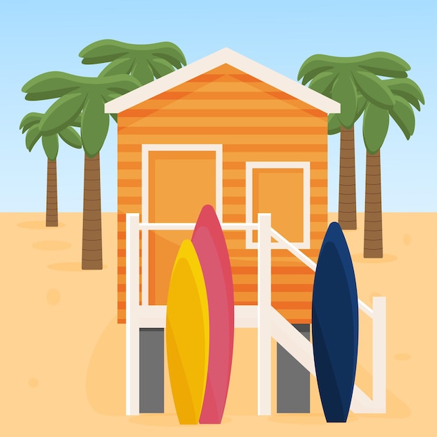 casa cerca del mar dibujos animados palmeras en la orilla del mar tablas de surf mini hoteles playa vacaciones de ocio de verano