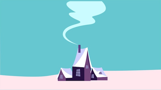 Casa con chimenea de humo en la ilustración plana de nieve