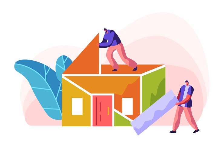 Vector casa de color de construcción de constructor humano. hombre en proceso de instalación de techo en casa. el capataz de la persona lleva material de pieza nuevo para el trabajo de construcción. proyecto de etapa de construcción. ilustración de vector de dibujos animados plana
