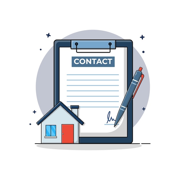 Casa con contrato e ilustración vectorial de pluma Diseño conceptual de bienes raíces