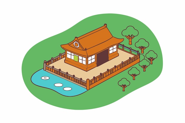 Casa coreana y jardín con arte vectorial de río y carretera