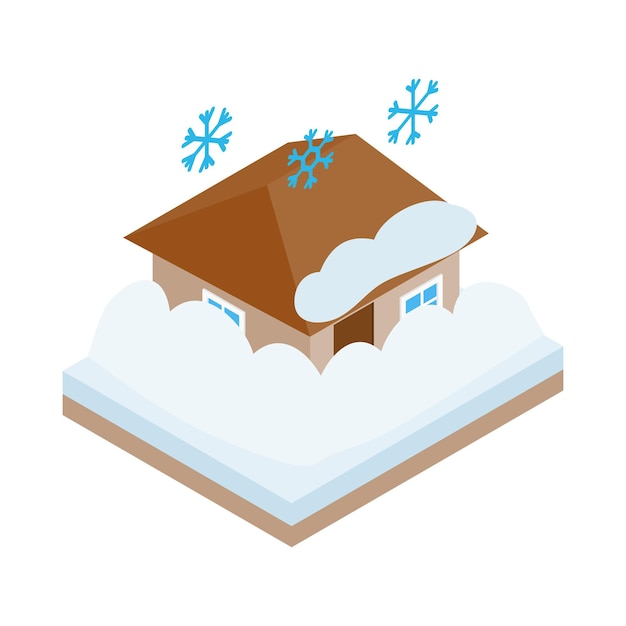 Casa cubierta de icono de nieve en estilo isométrico 3d sobre un fondo blanco