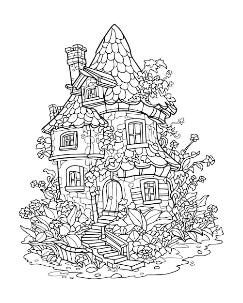 Vector casa de cuento de hadas en el bosque vector de colorear en blanco y negro