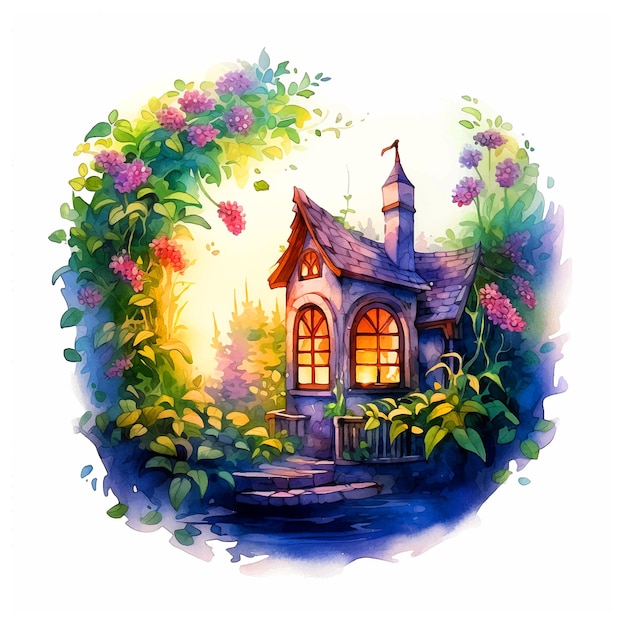 Casa de cuento de hadas por la noche rodeada de hojas y flores en la naturaleza pintura acuarela