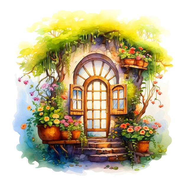 Casa de cuento de hadas rodeada de naturaleza y flores, pintura de acuarela.