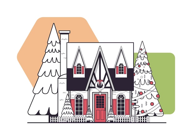 Casa decorada cubierta de nieve edificio de viviendas de temporada de invierno con decoraciones para año nuevo y celebración de navidad ilustración de vector lineal