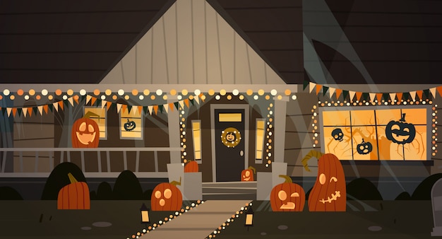 Casa decorada para Halloween, vista frontal con diferentes calabazas