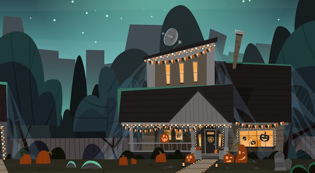 Casa decorada para Halloween, vista frontal con diferentes calabazas