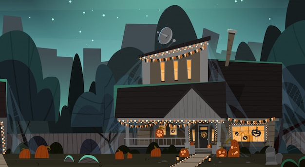 Vector casa decorada para halloween, vista frontal con diferentes calabazas