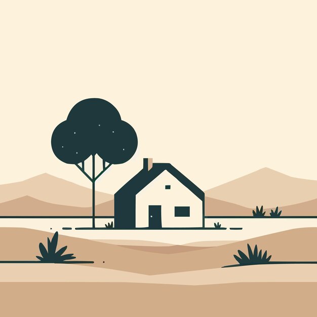 una casa en el desierto con un árbol en el fondo