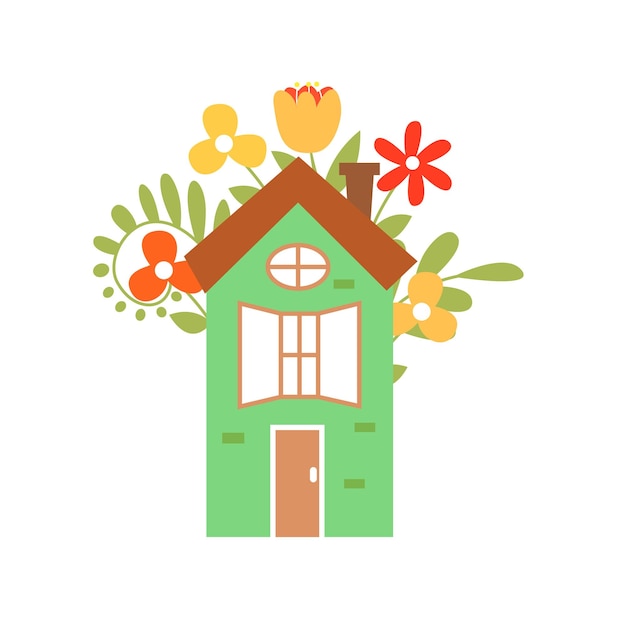 Casa dibujada a mano rodeada de flores. Ilustración vectorial para postales de diseño.
