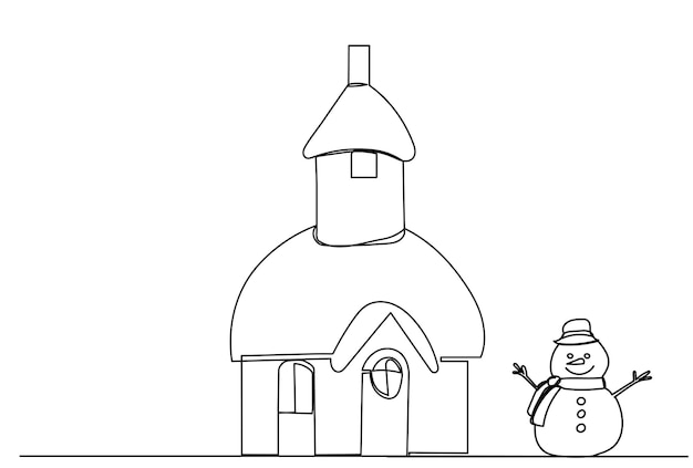 casa y dibujo de línea de muñeco de nieve en vector de fondo blanco